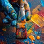 artists-hand-covered-paint-splatters-holding-brush-against-canvas_181667-46350